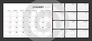 Wall quarterly calendar template for 2024 in a classic minimalist style. Week starts on Sunday. Set of 12 months. Corporate