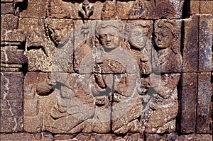 Wall relief in temple complex of Borobodur, Java, Indonesia