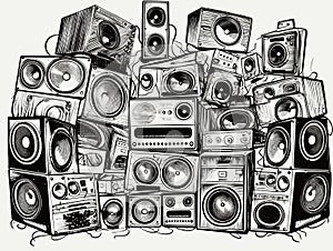 Wall of retro vintage style Music sound speakers in hand-drawn style