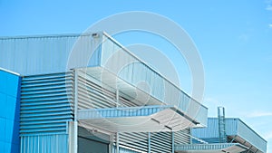 Wall and roof of Factory or warehouse building in industrial estate with blue sky and copyspace