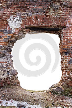 Wall with a round hole in the middle made of old brick. isolated on white background. vertical frame. grunge frame