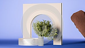 Wall with round podium display, plant in vase and flying stone on gradient blue background. Empty space. 3d rendering.