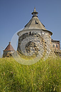 Wall Russian Orthodox Solovetsky monastery made of huge stones.