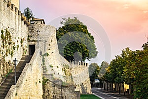 Wall in San Marino, Europe. Beautiful sunset and colful sky. F