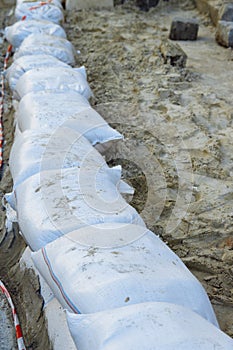 The wall of sandbags. sandbags wall, protection, flood