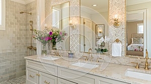 a wall sconce in a front view of a vanity, casting a warm glow over the space and accentuating its beauty and