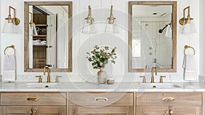 a wall sconce in a front view of a vanity, casting a warm glow over the space and accentuating its beauty and