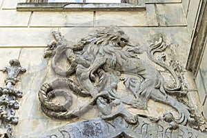A wall sculpture illustrating a lion, Sturdza castle, Miclauseni, Romania