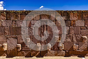 Wall of Semi-Subterranean Temple at Tiwanaku archeological site, Bolivia