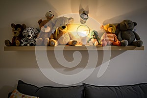 wall shelf with stuffed animals and nightlight