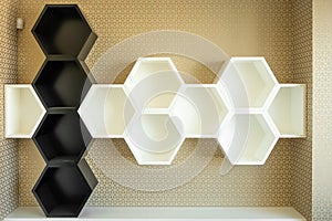 Wall shelves in the form of hexagons in white and black. Bee honeycombs