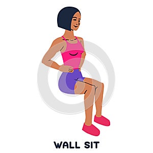 Wall sit. Sport exersice. Silhouettes of woman doing exercise. Workout, training.