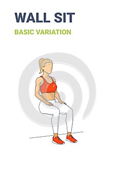 Wall Sit Woman Home Workout Exercise Guide Colorful Sport Concept Illustration.