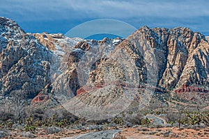 Wall of snow covered mountains, Red Rock Canyon, Nevada, USA