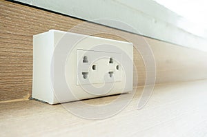 Wall socket on white wall, unplug or plugged in concept, electric plug