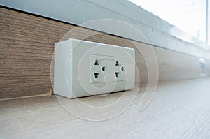 Wall socket on white wall, unplug or plugged in concept, electric plug