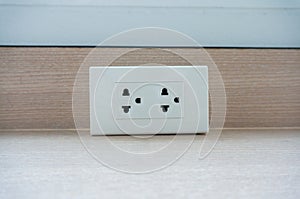 Wall socket on white wall, unplug or plugged in concept, electric plug