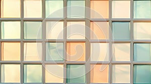 A wall of square windows with white frames and a grid pattern.