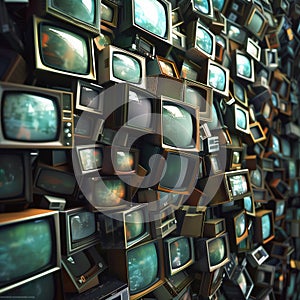 Wall stack of outdated old crt televisions