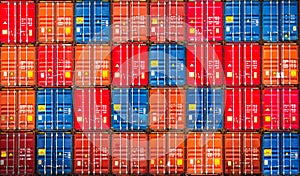A Wall of Stacked Containers Cargo Shipping. Handling of Logistic Transportation Industry. Cargo Container ships.