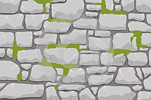 A wall of stone, a stone wall overgrown with moss. Masonry made of gray stone. Vector, cartoon illustration