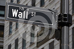 Wall Street and Broadway sign near Stock Exchange in New York