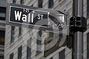 Wall Street and Broadway sign near Stock Exchange, New York