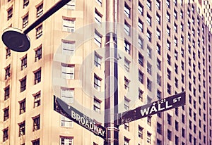 Wall Street and Broadway street sign in Manhattan, New York, USA