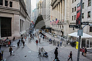 Wall Street and Nassau Street view with New York Stock Exchange and Christmas tree