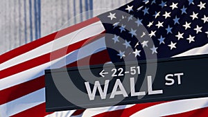 Wall Street road sign of the background of the American flag and of the NYSE