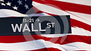 Wall Street road sign in New York on the background of the US flag