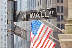 Wall Street sign near Stock Exchange with US flags