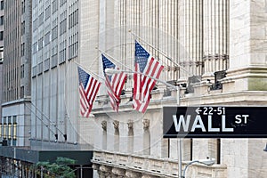 Wall street sign in New York City with New York Stock Exchange background.