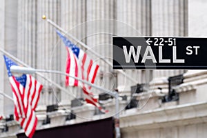 Wall street sign with the New York Stock Exchange on the backgro