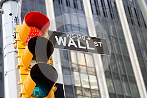 Wall Street Sign and red traffic light, New York photo