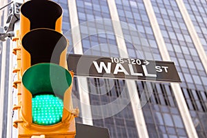 Wall Street Sign and traffic light, New York photo