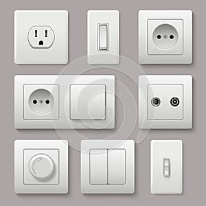 Wall switch. Power electrical socket electricity turn of and on plug vector realistic pictures