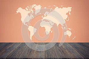 Wall texture background , process in vintage style with wood terrace with world map