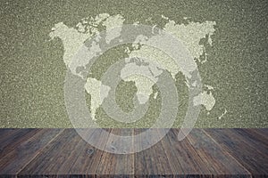 Wall texture background , process in vintage style with wood terrace with world map