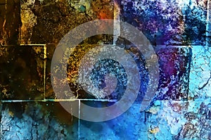 Wall texture with bricks and crackled structure, computer craphic collage.