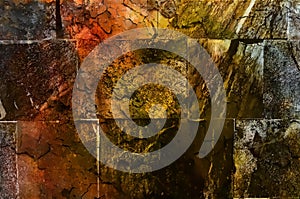 Wall texture with bricks and crackled structure, computer craphic collage.