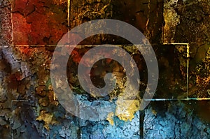 Wall texture with bricks and crackled structure, computer craphic collage.