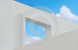 Wall texture of concrete with open window against blue sky and clouds, A part of White cement building, Anyt view Modern photo