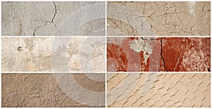 Wall texture set. Rough surfaces of the plastered and colored concrete walls with patterns of cracks and old faded peeling paint.