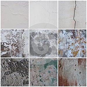 Wall texture set. Rough surfaces of the plastered and colored concrete walls with patterns of cracks and old faded peeling paint.