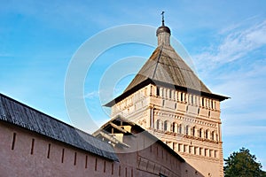Wall and tower of monastery in Suzdal, Russia