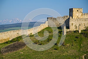 Wall and tower of Spis Castle, Slovakia at summer day