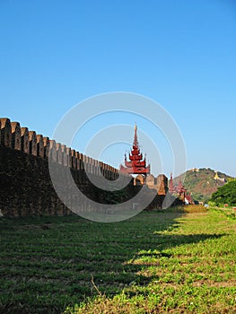The wall and towers around the royal palace in Mandalay