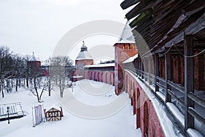 Wall and towers of Novgorod Kremlin