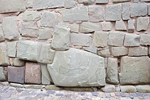 The wall of the twelve angle stone in the Hatun Rumiyoc street, Cusco, Peru.